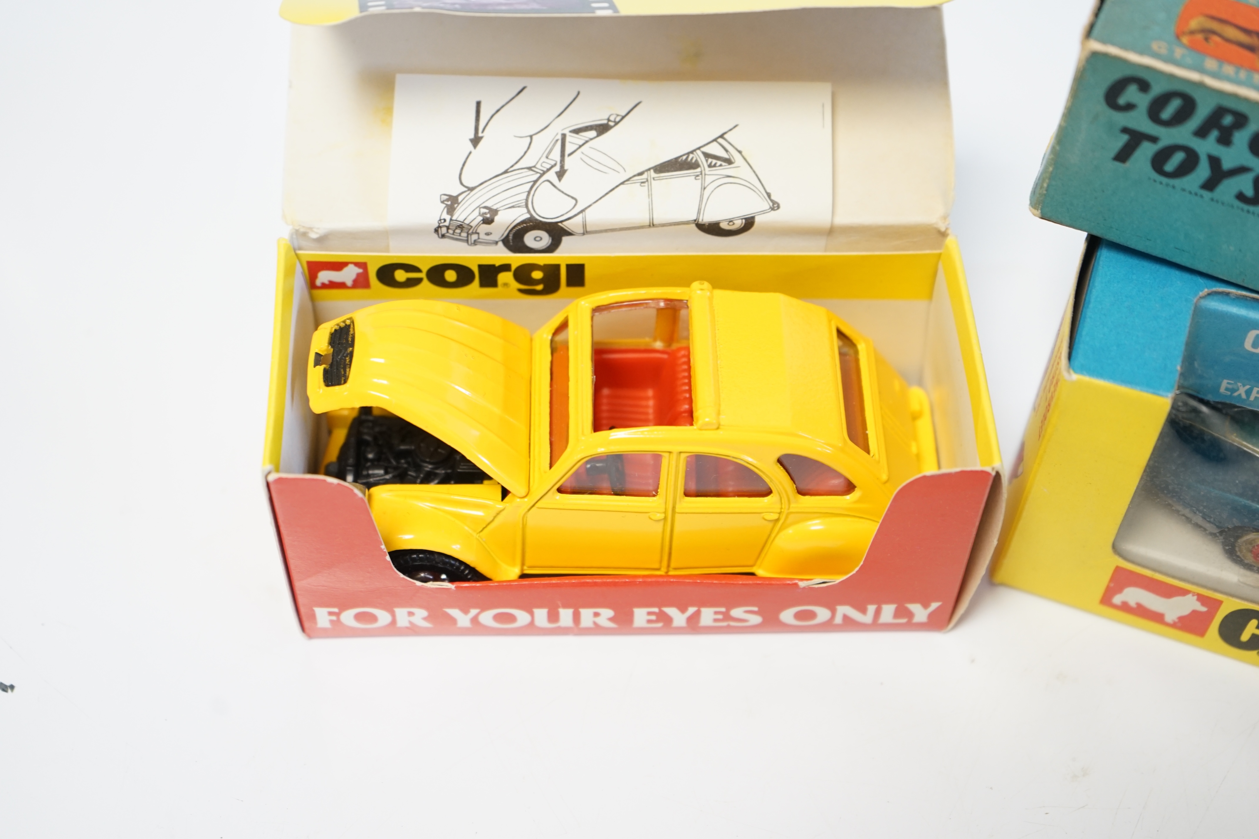 Three boxed Corgi Toys; a Proteus Campbell Bluebird land speed record car (153), a Chevrolet Astro 1 Experimental Car (347) and a James Bond 007 Citroen 2CV (51655). Condition - good